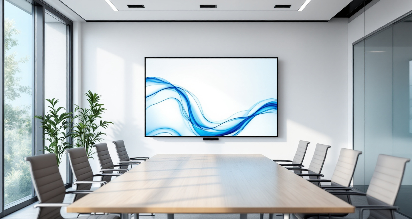 A bright meeting room with a large wall-mounted display showing an abstract gradient